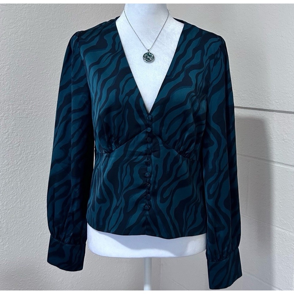 J.Crew Zebra Print Blouse Womens 8 Teal Black Satin Babydoll Button Front Office